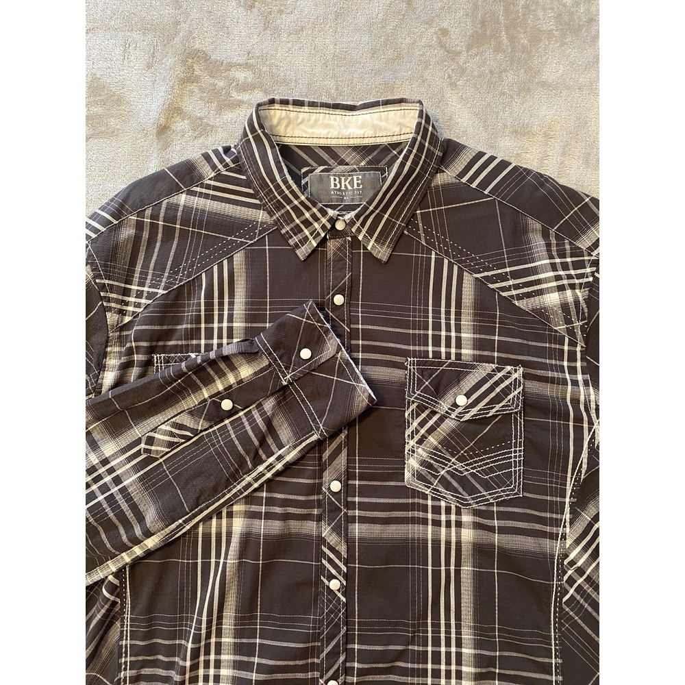 BKE Shirt Sz XL Gray Plaid Athletic Fit Pearl‎ Snap Western Cowboy Casual Grunge